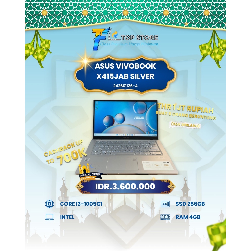 LAPTOP ASUS VIVOBOOK X415JAB SILVER INTEL CORE I3-1005G1 RAM 4/256GB