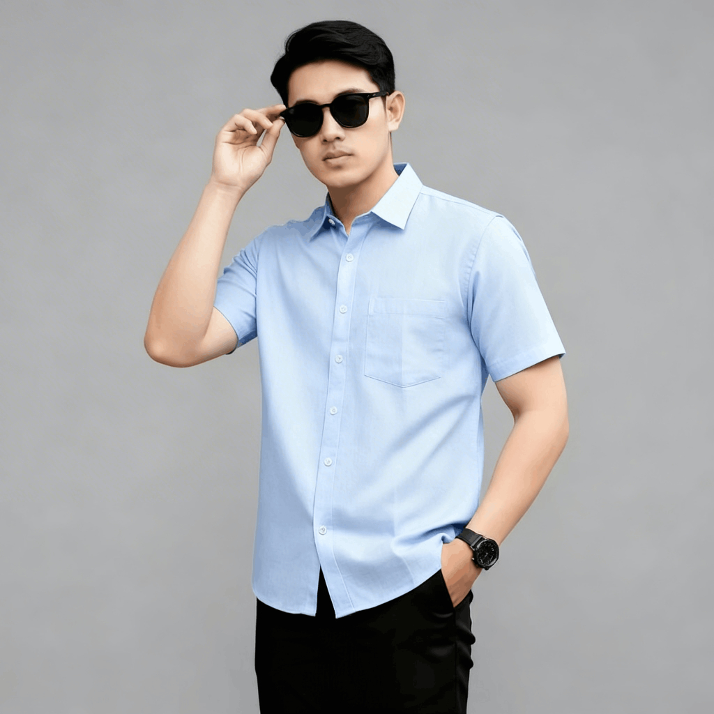 Sallamahgo Kemeja Pria Polos Biru Lengan Pendek Tekstur 3D | Poshboy Leisure Shirt