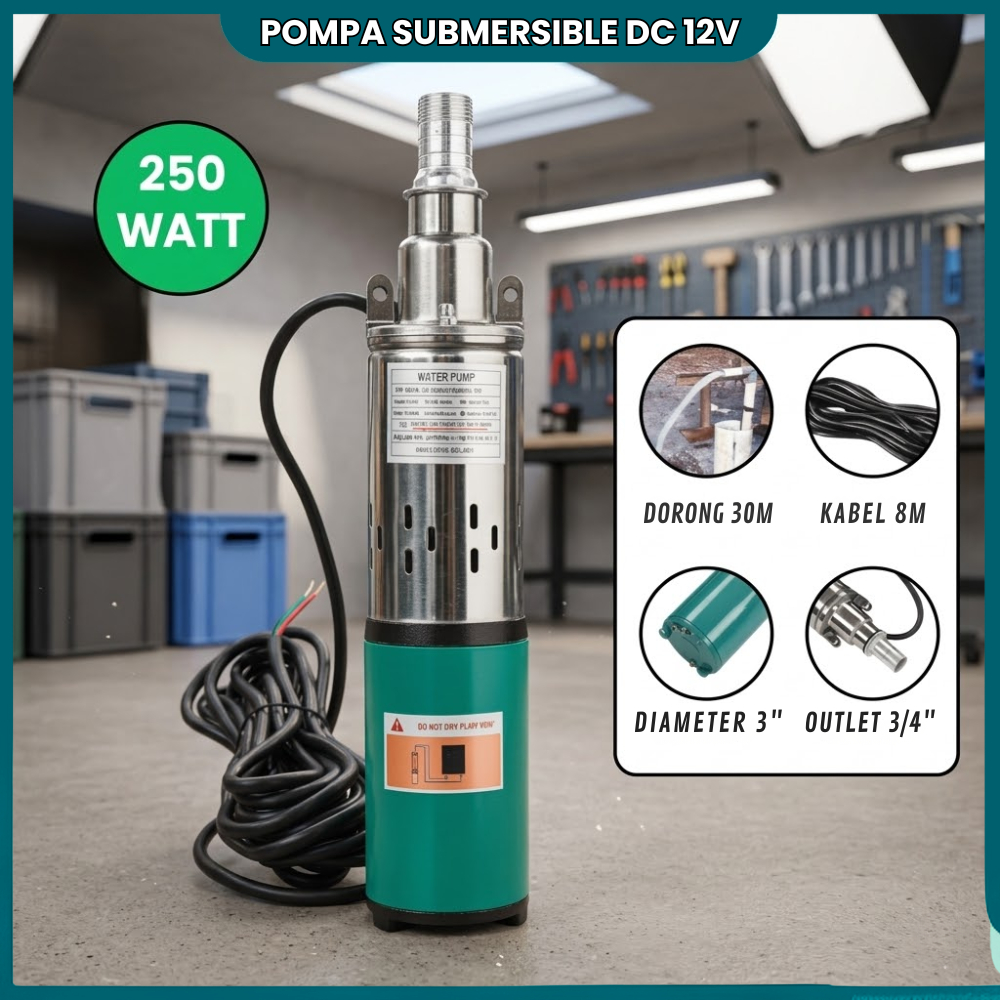 POMPA SUBMERSIBLE DC 12V 250W - Pompa Air Celup Sumur Bor 30 Meter Tenaga Aki & Solar Panel Surya He