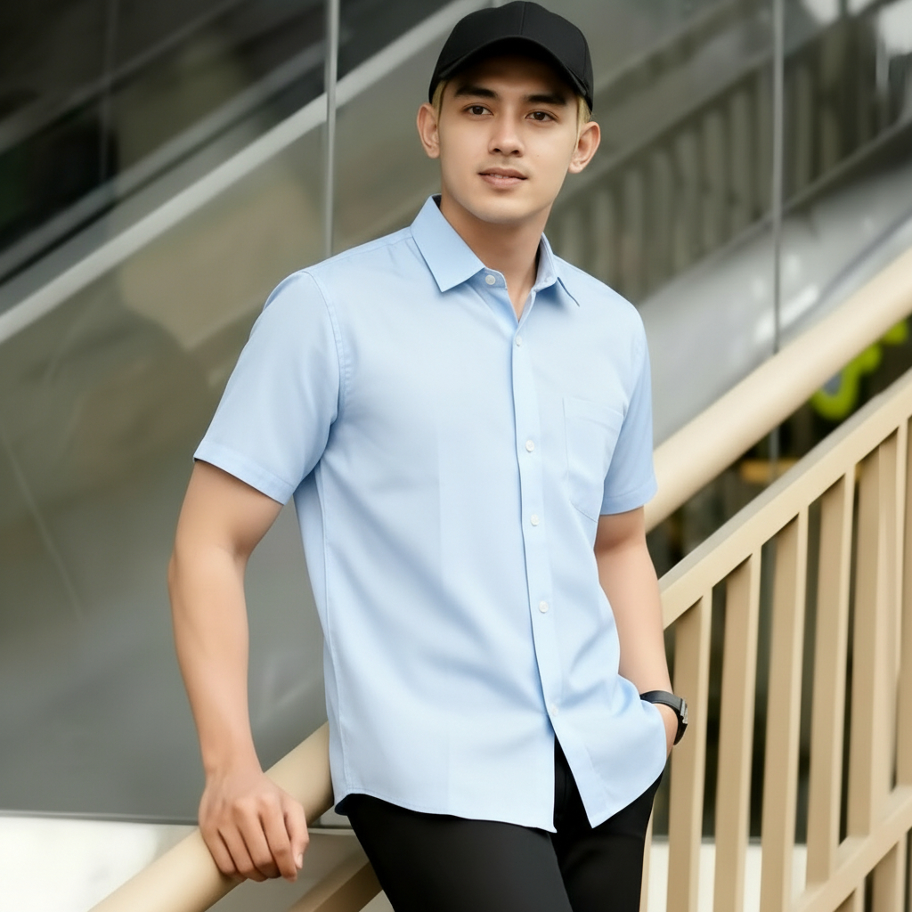 Tangiowild Kemeja Pria Polos Biru Lengan Pendek Tekstur 3D | Poshboy Leisure Shirt