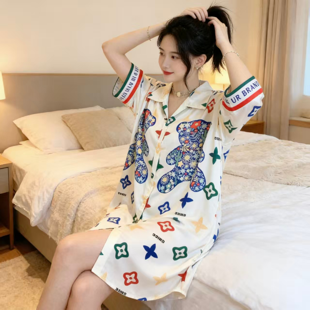 Dress tidur korea style plus size sexy lucu kartun piyama dress kemeja wanita jumbo