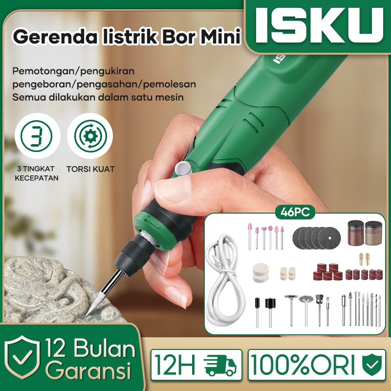 ISKU Mesin Bor Mini Gerinda Listrik Set 47 Pcs Bor Tuner Variable Speed Alat Ukir Kayu Besi Potong P