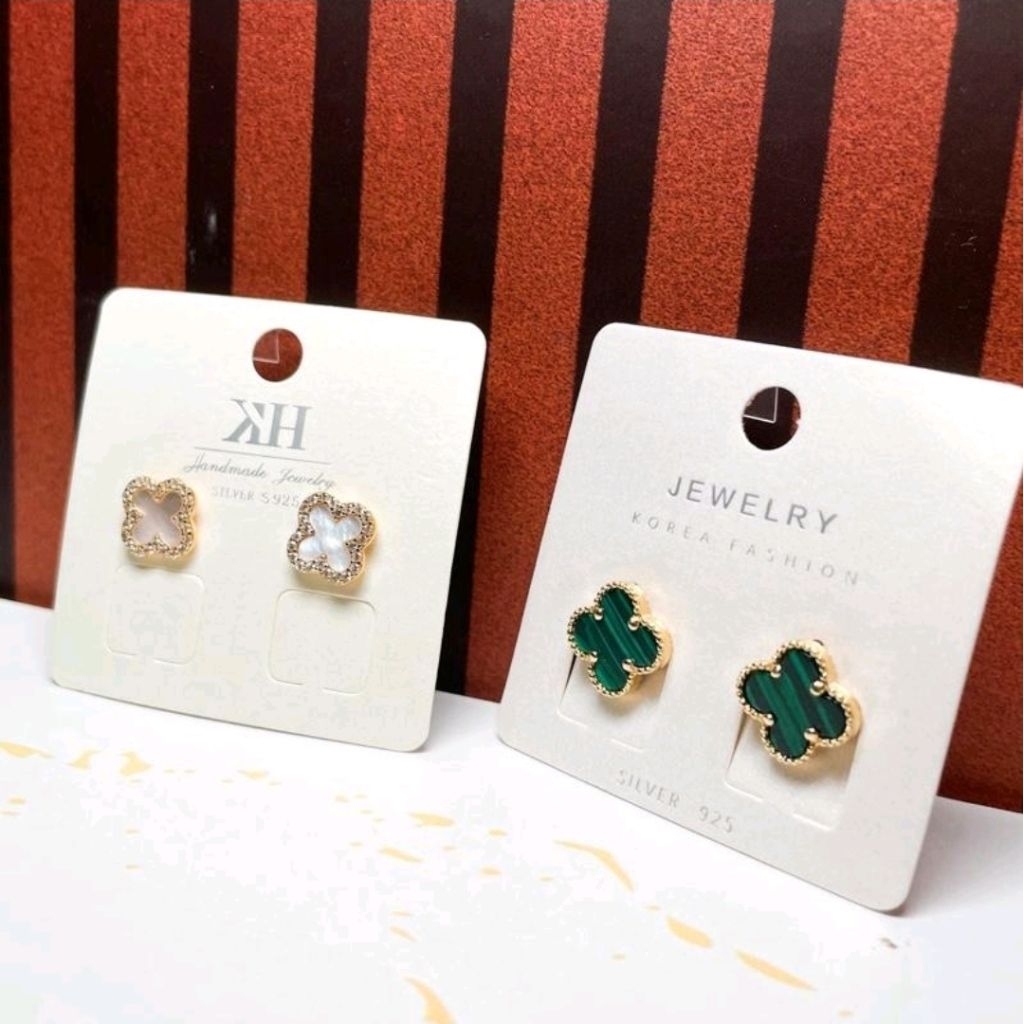 Giwang Clover Putih Permata Ulir Plastik- Asli Perak 925 - Perak Import Lapis Emas 18K