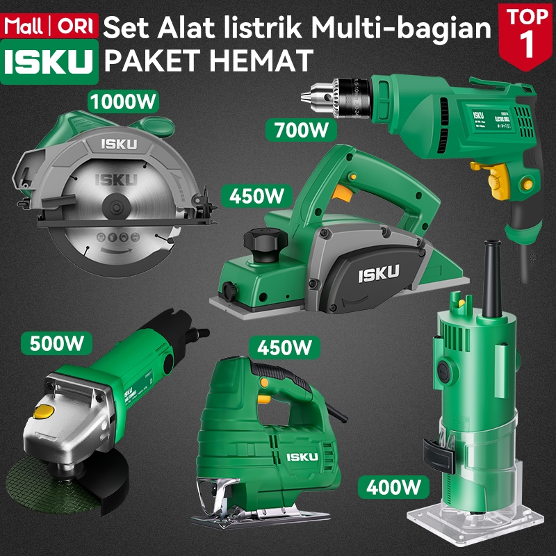 ISKU Paket Mesin Tukang Kayu Set Bor Gerinda Serut Pasah Ketam Circular Saw Sirkel Trimmer Profil Ji