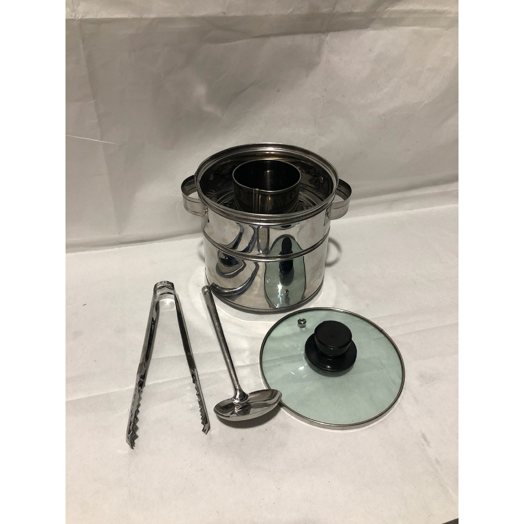 DANDANG BAKSO SUPER MINI STAINLES TUTUP KACA  16 / 18 cm LENGKAP CENTONG CAPIT