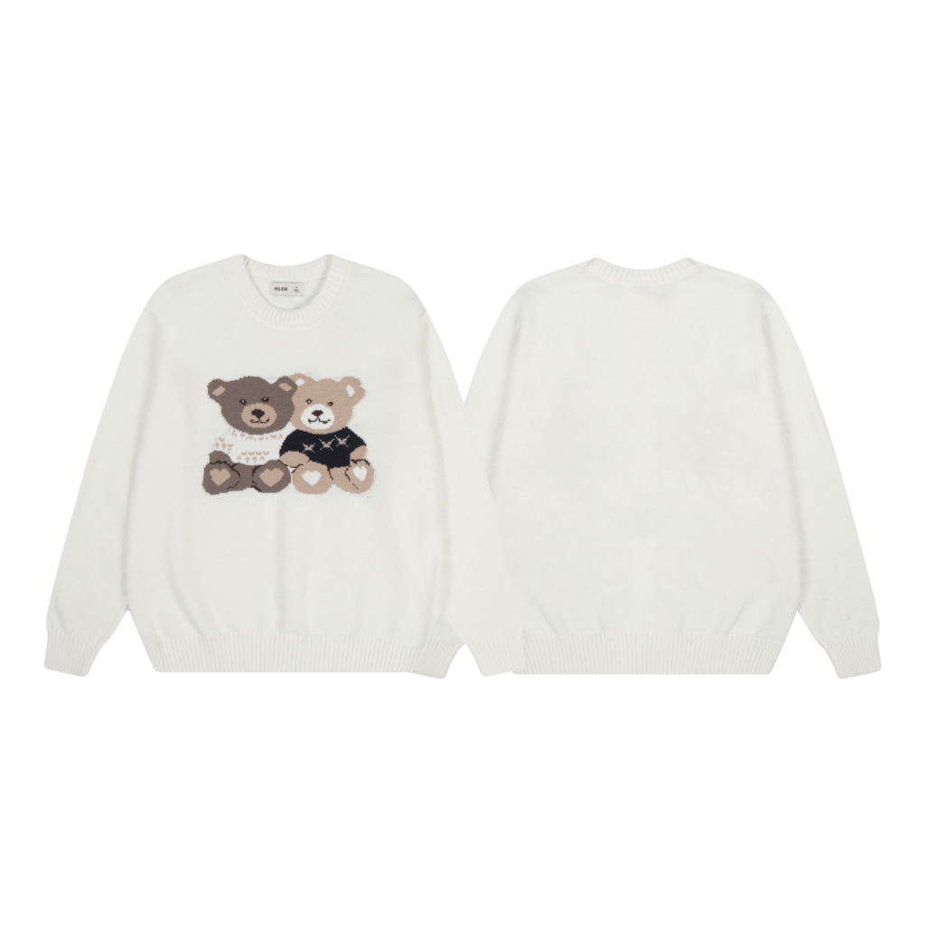 Hollister Rajutan Sweater Lengan Panjang Kerah Bulat dengan Boneka Beruang