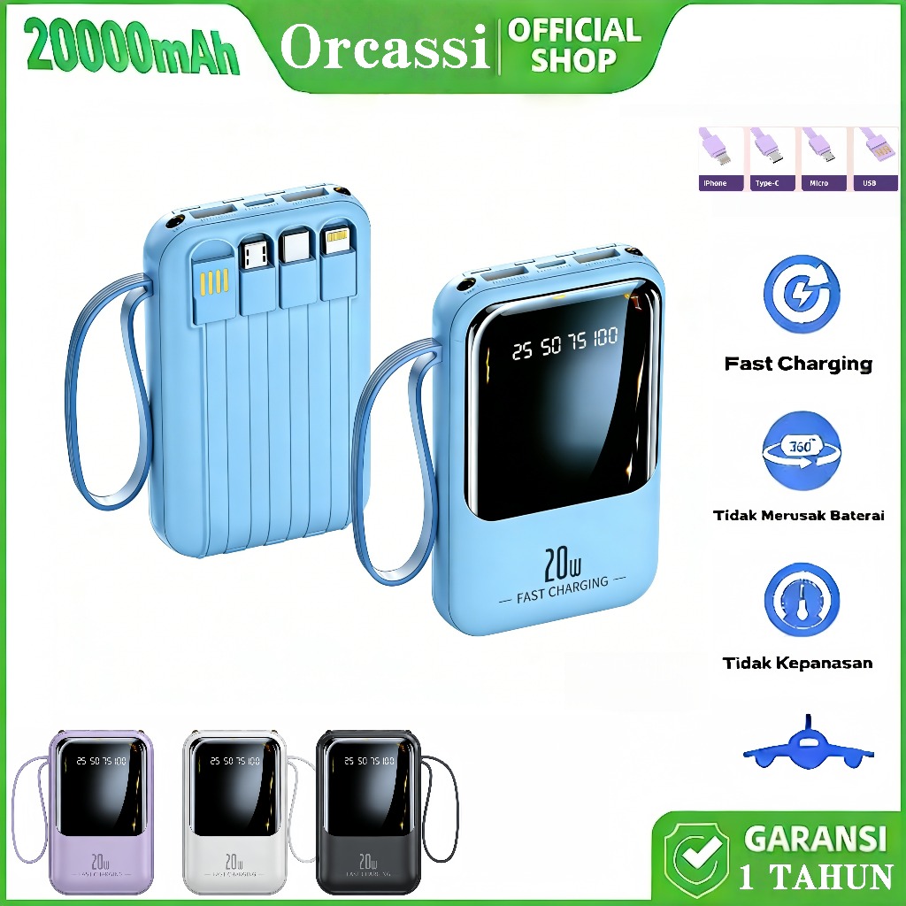 COD Orcassi Powerbank 20000 mAh mini size with 4 usb fast Charge Lightweight LED Screen Digital Disp