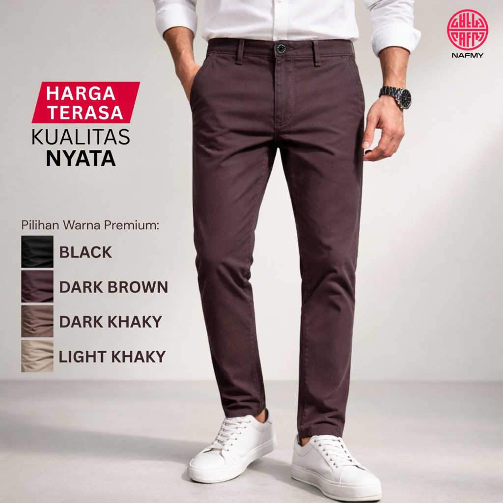 NAFMY Celana Chino Pria Coklat Tua Slim Fit Premium Celana Kerja Kantor Formal Celana Panjang Pria