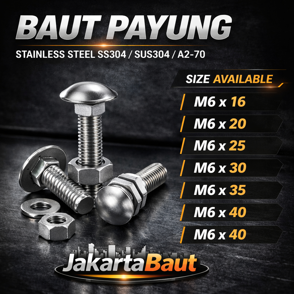 Baut CB M6X30 / Baut Bemper 6X30 / Carriage Bolt M6 X 30 / Baut Payung 6 X 30 / Baut Pagar M6X30 Sta