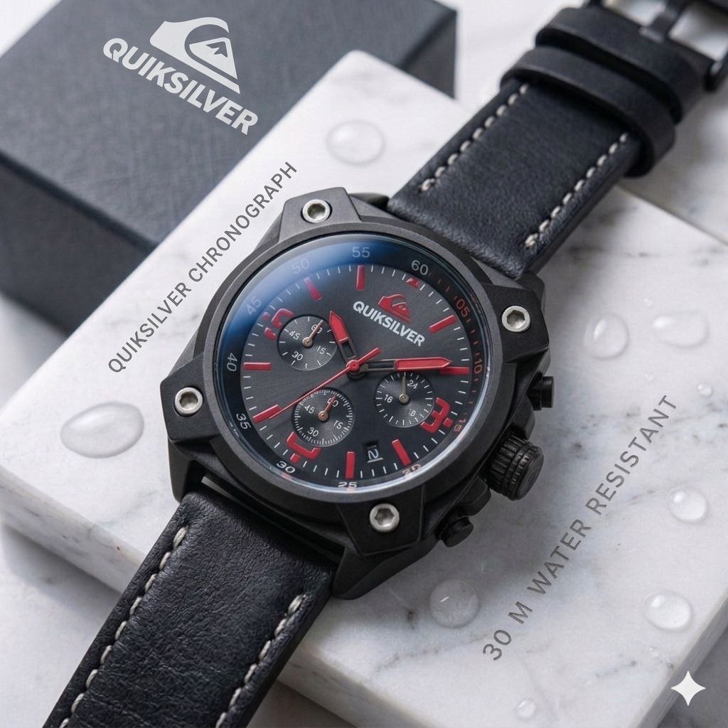 Jam Tangan Quiksilver Pria Tali Kulit Watch Analog Leather Tanggal dan Chrono Aktif