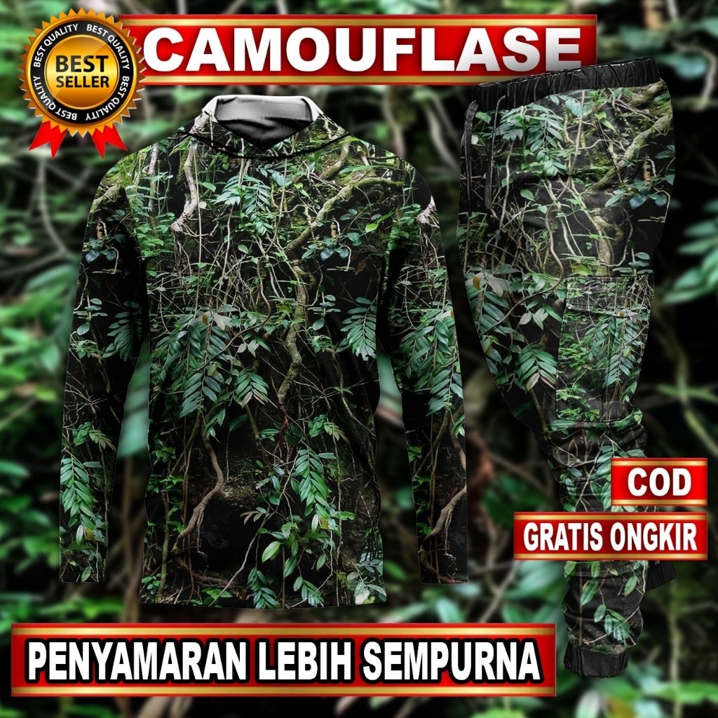 SETELAN BAJU BERBURU | PAKAIAN BERBURU | BAJU CAMO LENGAN PANJANG | CELANA PANJANG CAMO | PAKAIAN BA