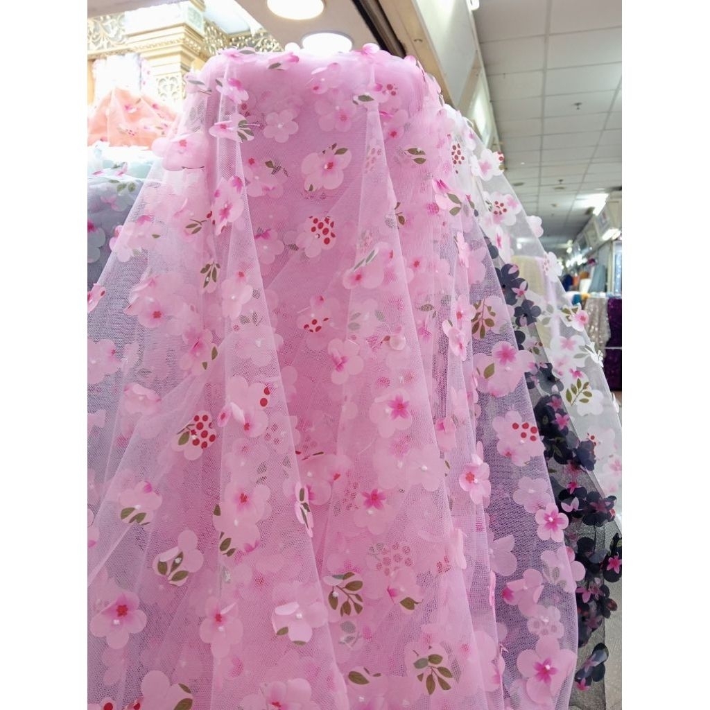 Bahan Kain Tulle 3D Motif Bunga Organza Premium//Kain 3D Motif Bunga Organza terbaru high quality//C