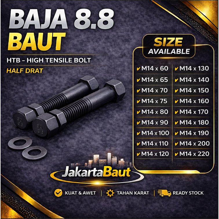 Baja 8.8 Baut M14X110 / Baut 14X110 / M14 X 110 / 14 X 110  Grade 8.8 HTB - High Tensile Bolt Half D