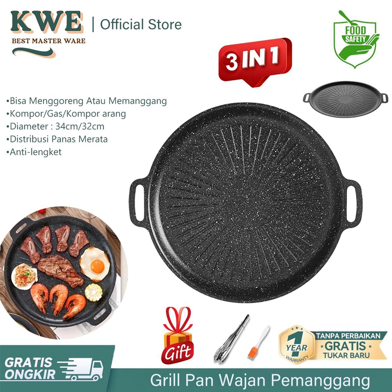 KWE Panci wajan pemanggang Korea 38cm Anti Lengket BBQ Grill Pan Alat Panggang Bisa untuk kompor por
