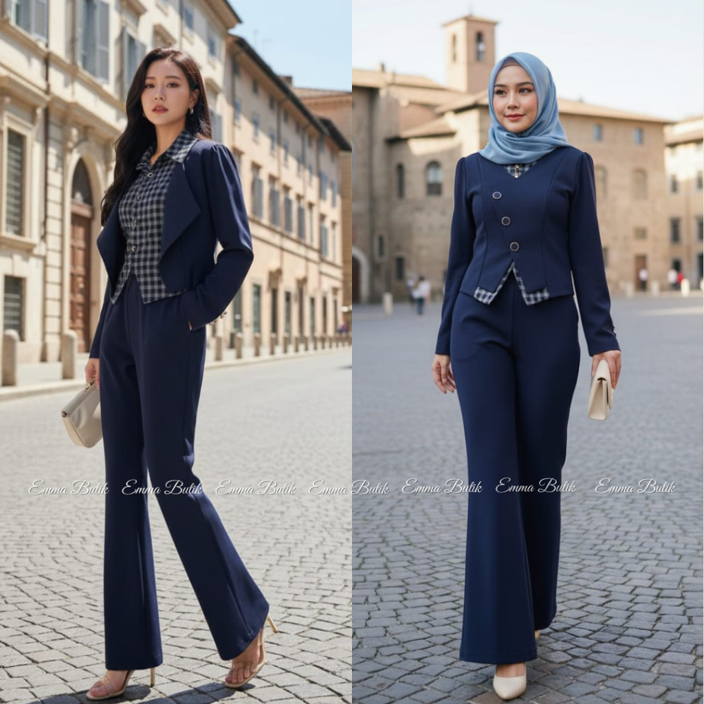 Emma.Butik E00735 Setcel Blazer Wanita Formal Oneset 2in1 Setelan Celana Lengan Panjang Kantor Navy 