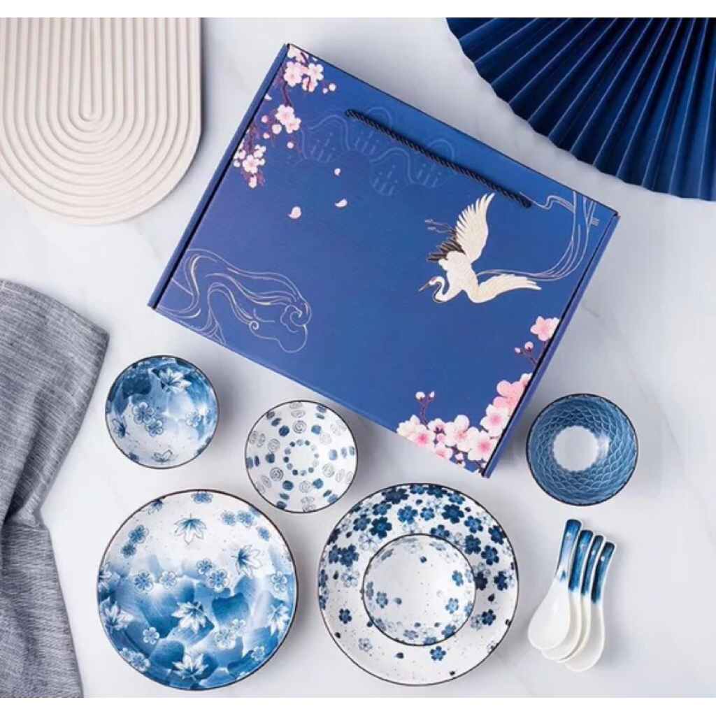 set piring mangkuk sendok keramik jepang