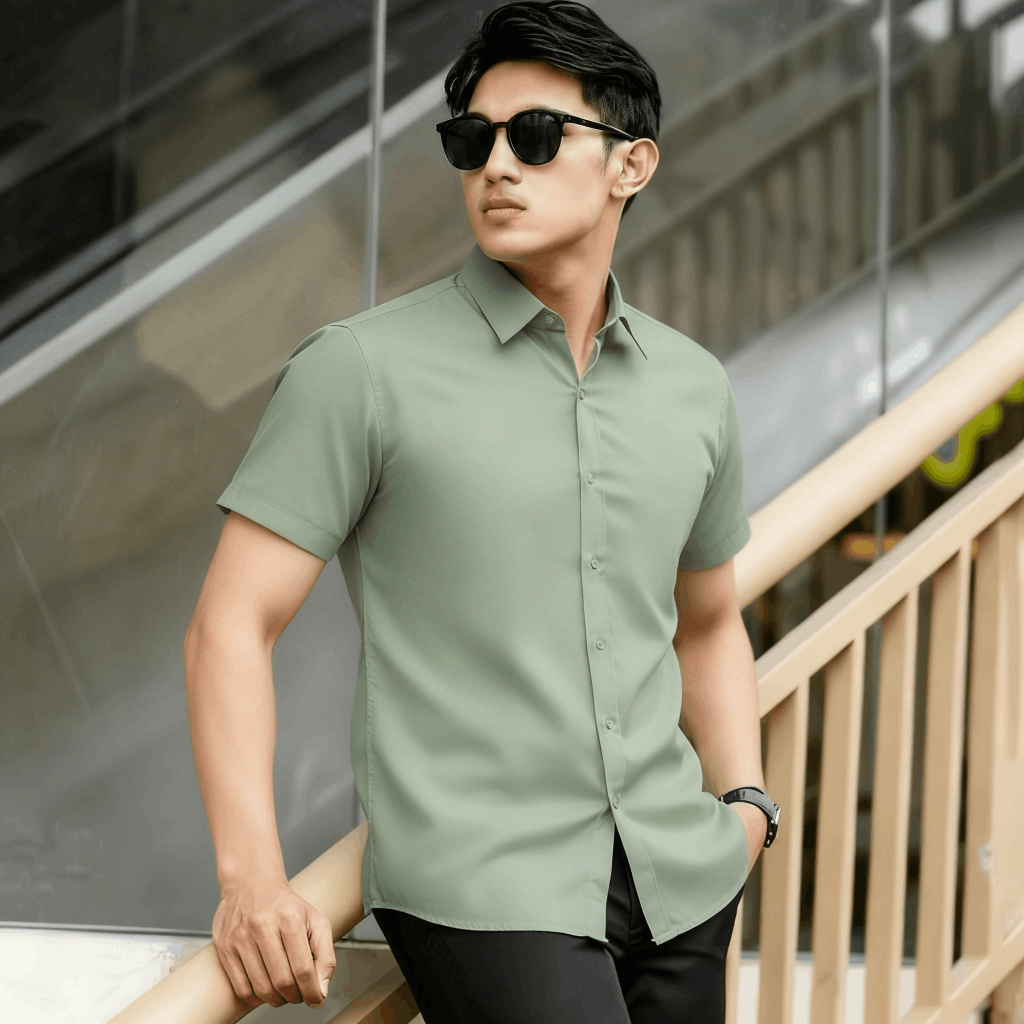 Sallamahgo Kemeja Pria Polos Biru Lengan Pendek Tekstur 3D | Poshboy Leisure Shirt