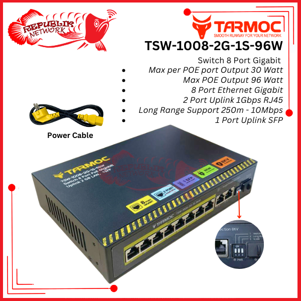 Tarmoc TSW-1008-2G-2S-120W, 8 Port Gigabit POE 802.3af/at POE Switch 120W