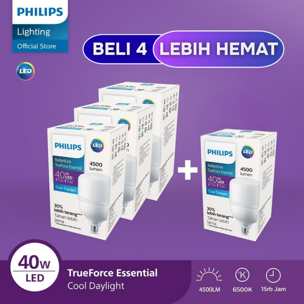 Beli 3 Gratis 1 Lampu Philips Bohlam Radiantline TrueForce Essential 40W Putih