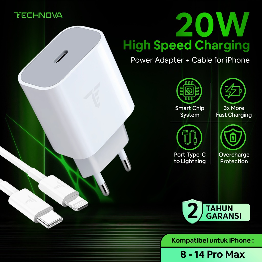 TECHNOVA Charger iPhone 20W Fast Charging Power Delivery 3.0 untuk iPhone 8 X 11 12 13 14 Adapter Ch