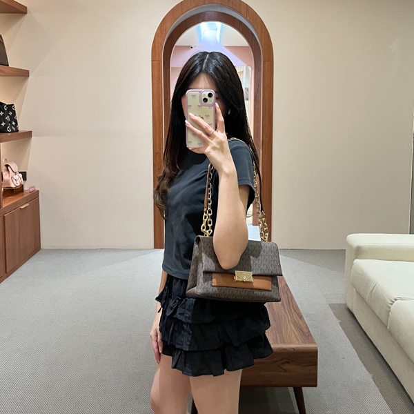 Tas MK CECE MONOGRAM BROWN GHW CHAIN FLAP SHOULDER BAG 100% ORIGINAL