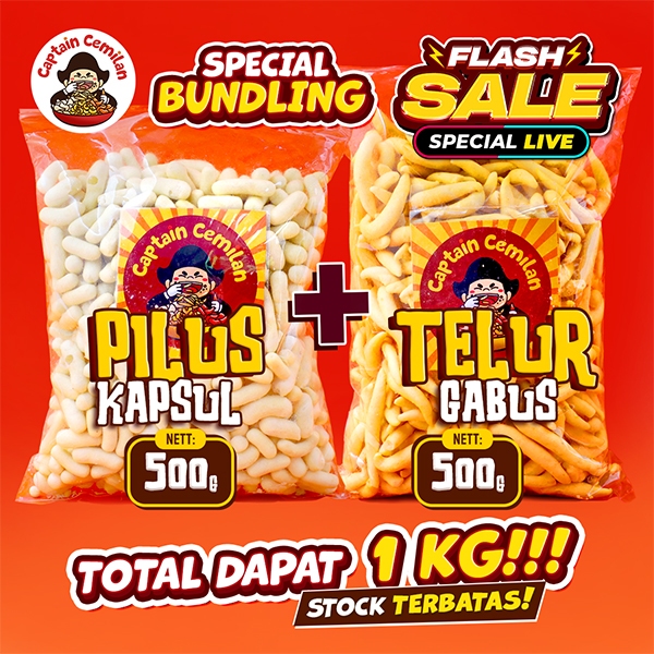 Paket Bundling Captain Cemilan 1KG Telor Gabus Keju 500gr + Pilus Original 500gr Snack Renyah