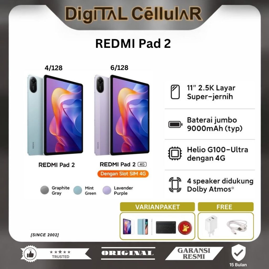 (DCG) XIAOMI REDMI PAD 2 4/128 GB | PAD 2 4G 6/128 GB GARANSI RESMI 11 INCH