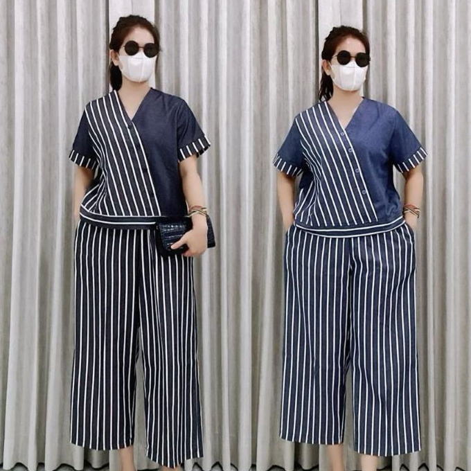 Setelan Jeans ld 110cm. motif salur celana kulot 7/8