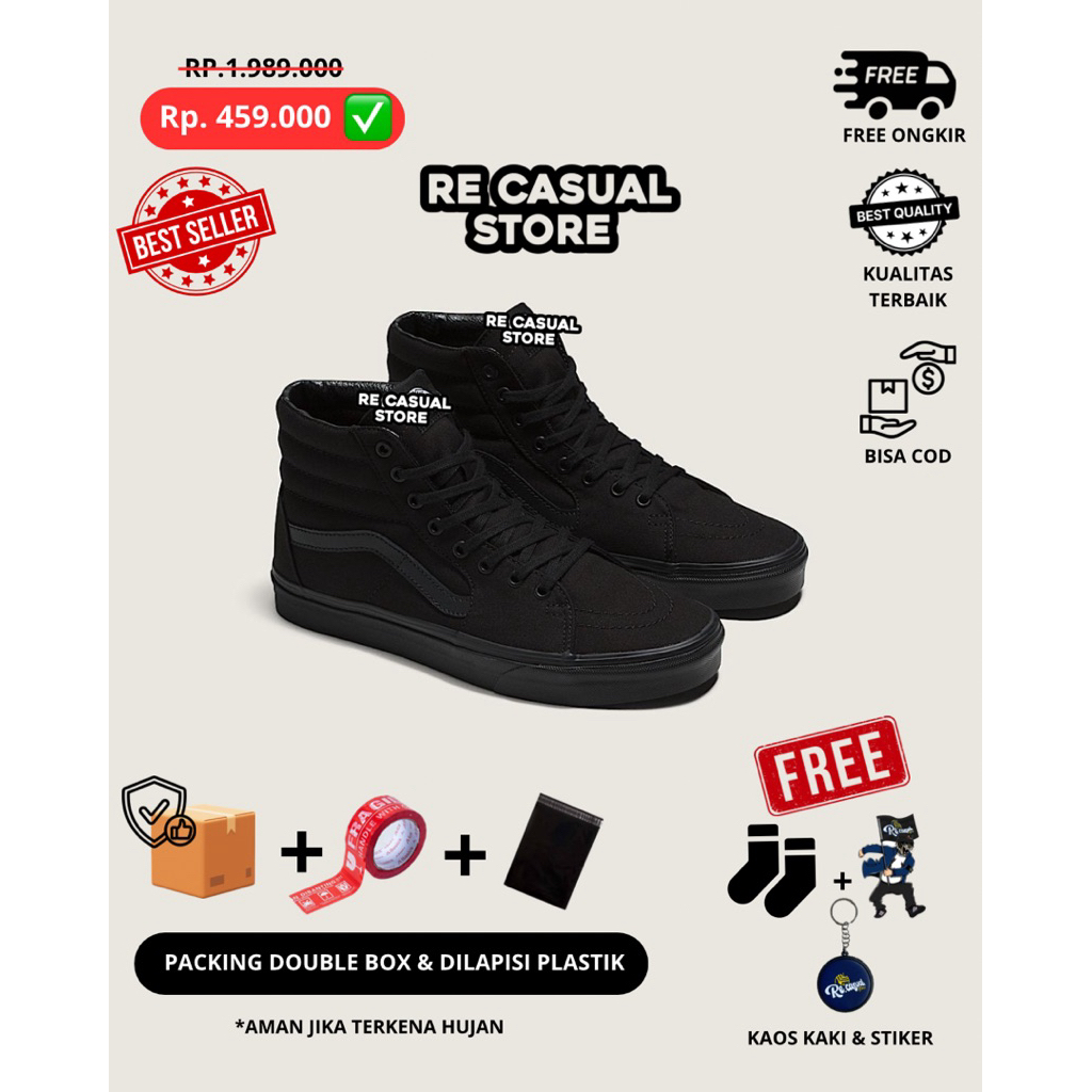 Sepatu Pria Wanita SK.8-High Full Black / 100% Baru Nyaman Dipakai