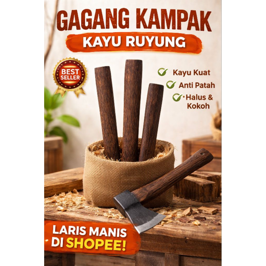 Gagang Kapak Kayu Ruyung Asli 100% – Gagang Kapak Kuat Halus Tebal Anti Patah Awet