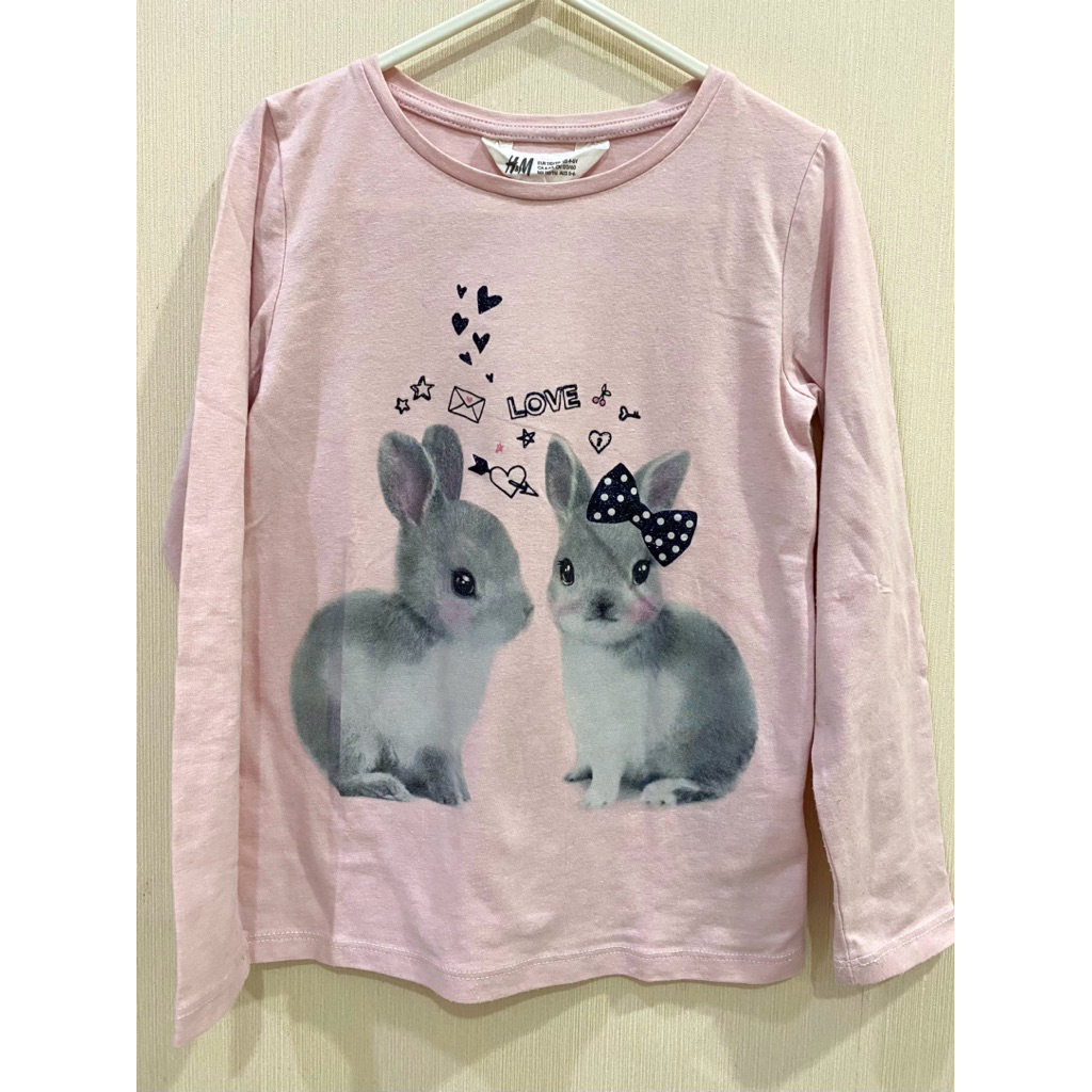 Baju Kaos Tangan Panjang Anak Perempuan HnM Original 4-6y / Kaos Anak hm Pink Rabbit/ Baju Anak hnm 