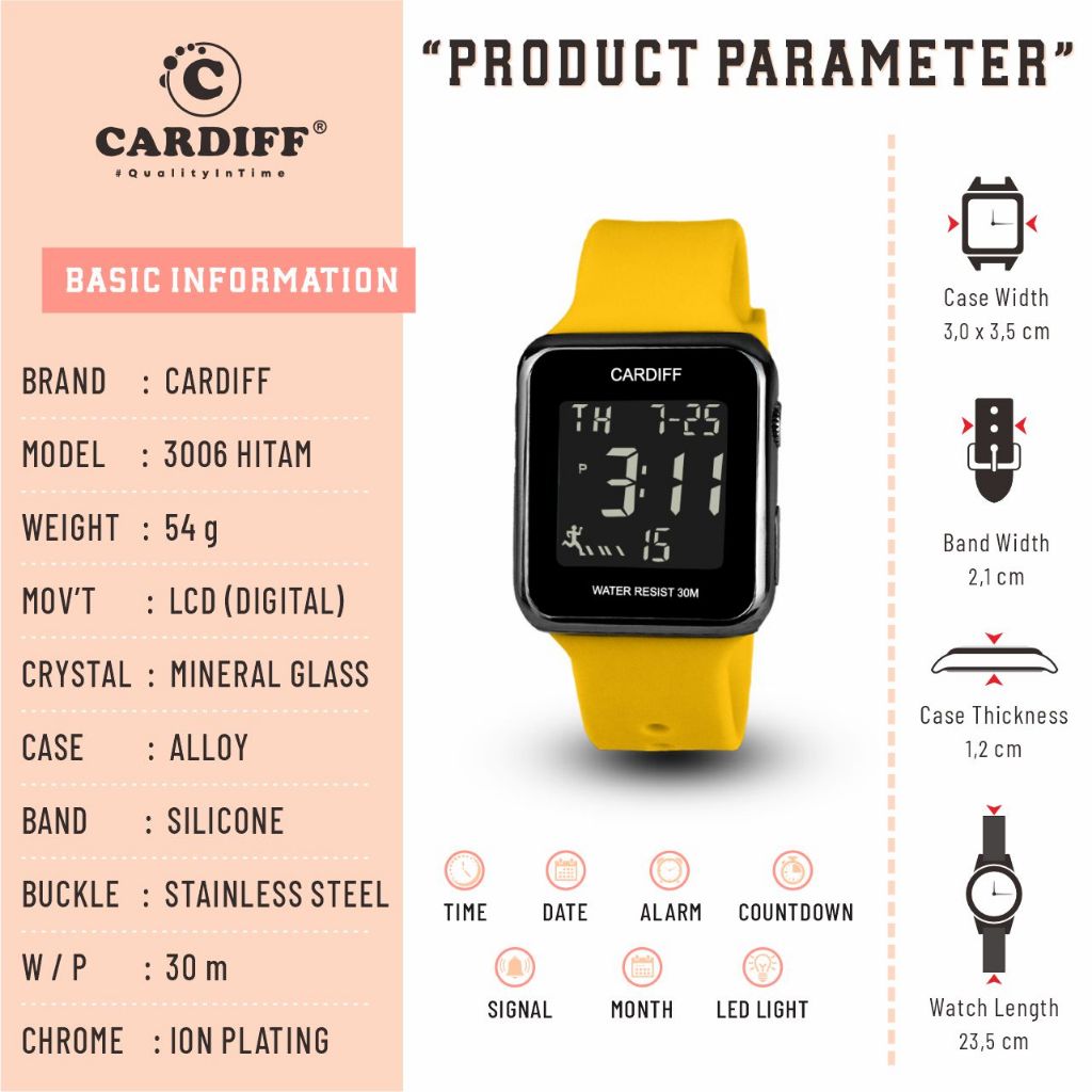 CARDIFF Jam Tangan LCD Karet 3006 Digital Casual | Tahan Air | 3atm