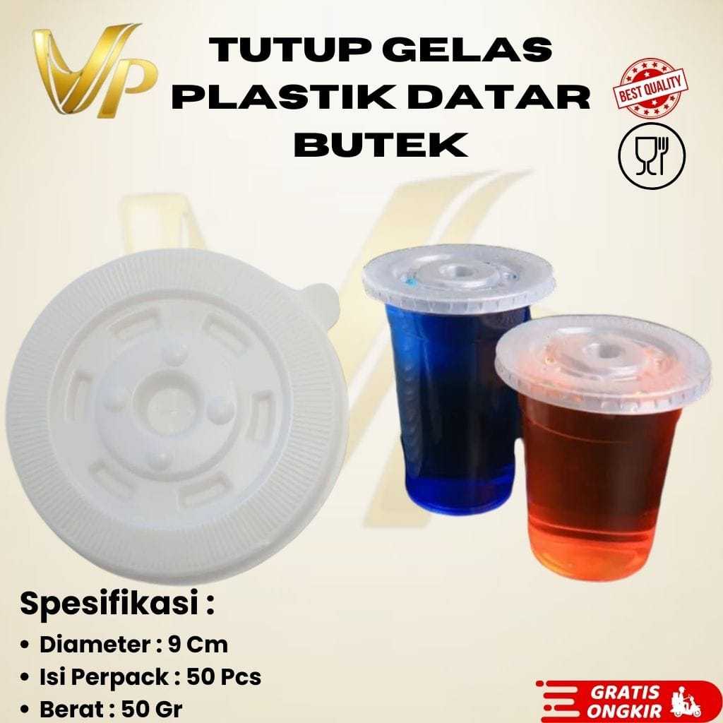 Tutup Gelas Plastik Datar Butek 9cm Tutup Cup Minuman Plastik Kuat Isi 50pcs