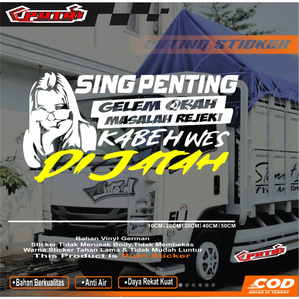 sticker kaca truck pickup mobil gambar tulisan seng penting gelem obah masalah rezeki kabeh wes di j