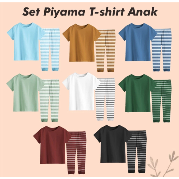 Piyama T-shirt Celana Panjang Strip Polos Anak Laki-laki Perempuan