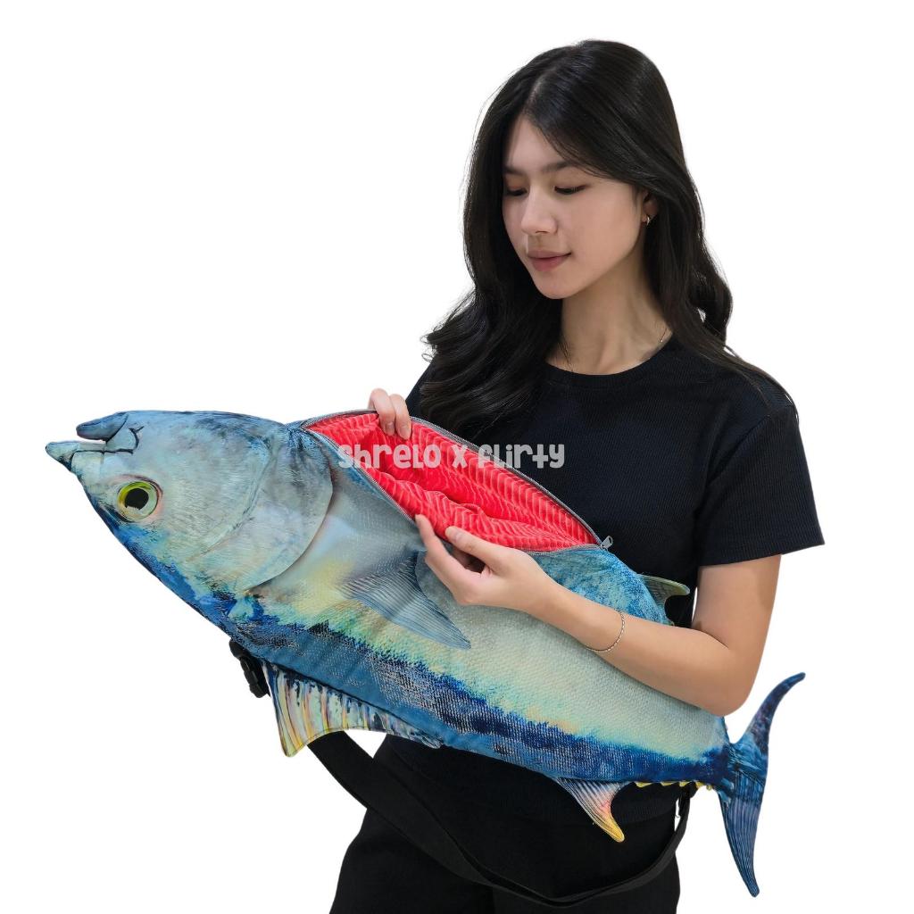 Tas Ikan Tuna Biru Bluefin Besar Segar Kado Kocak Unik Bahan Linen Dengan Busa Zipper Furing Print D