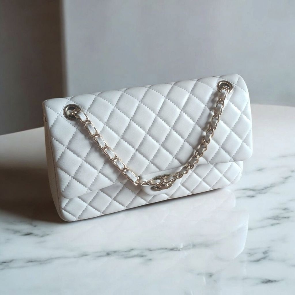 Tas Wanita Chanel Classic Style Putih Quilted Chain Bag Elegan
