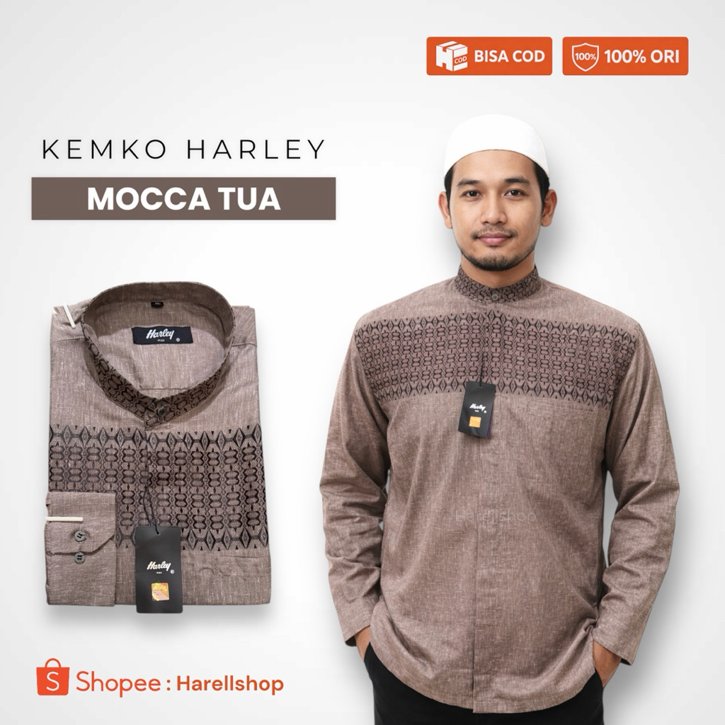 Kemko Harley Pria Mocca Tua dan  Krem Coklat Susu (Coksu) | Baju Koko Lengan Panjang | Elegan & Adem