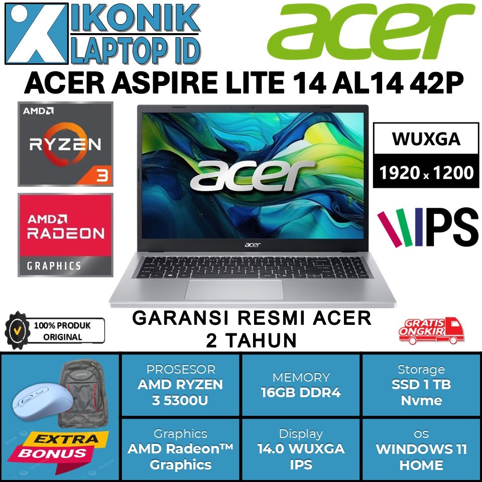 Laptop Murah Acer Aspire Lite 14 AMD Ryzen 3 5300U Ram 16GB 1TB Ssd 14.0 2.2k IPS