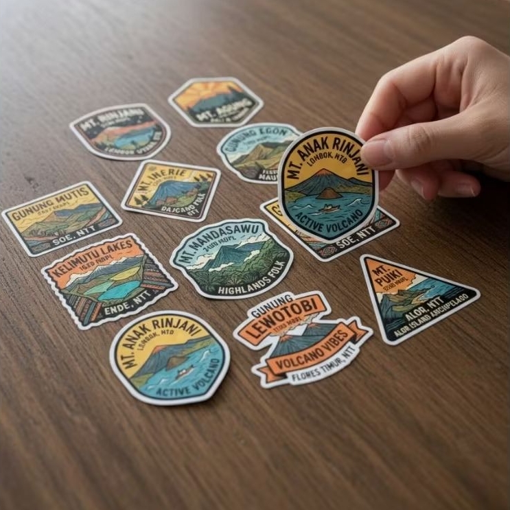 (isi 12) Stiker GUNUNG NUSA TENGGARA BARAT & TIMUR NTB NTT Rinjani Tambora Kelimutu Lewotobi
