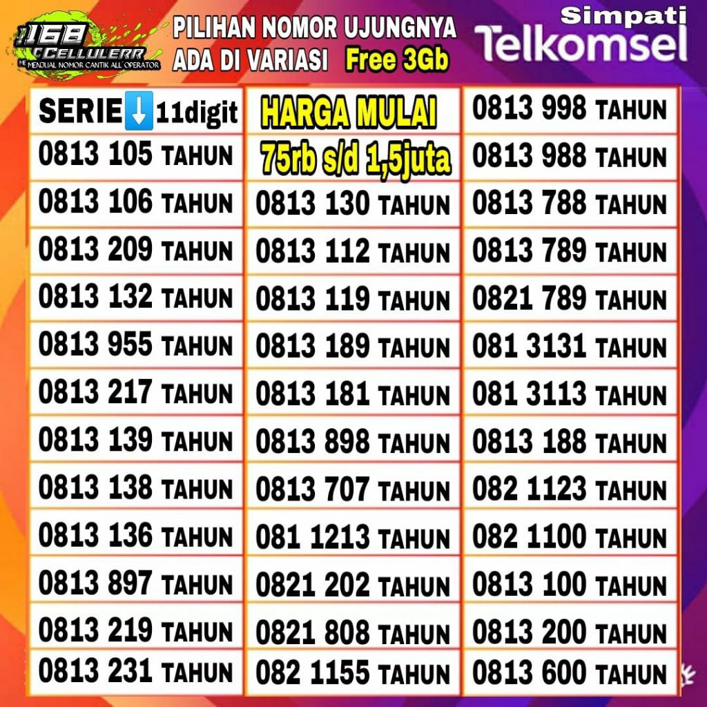 nomor cantik simpati 11 digit 4G 5G Telkomsel Seri Tahun 1922