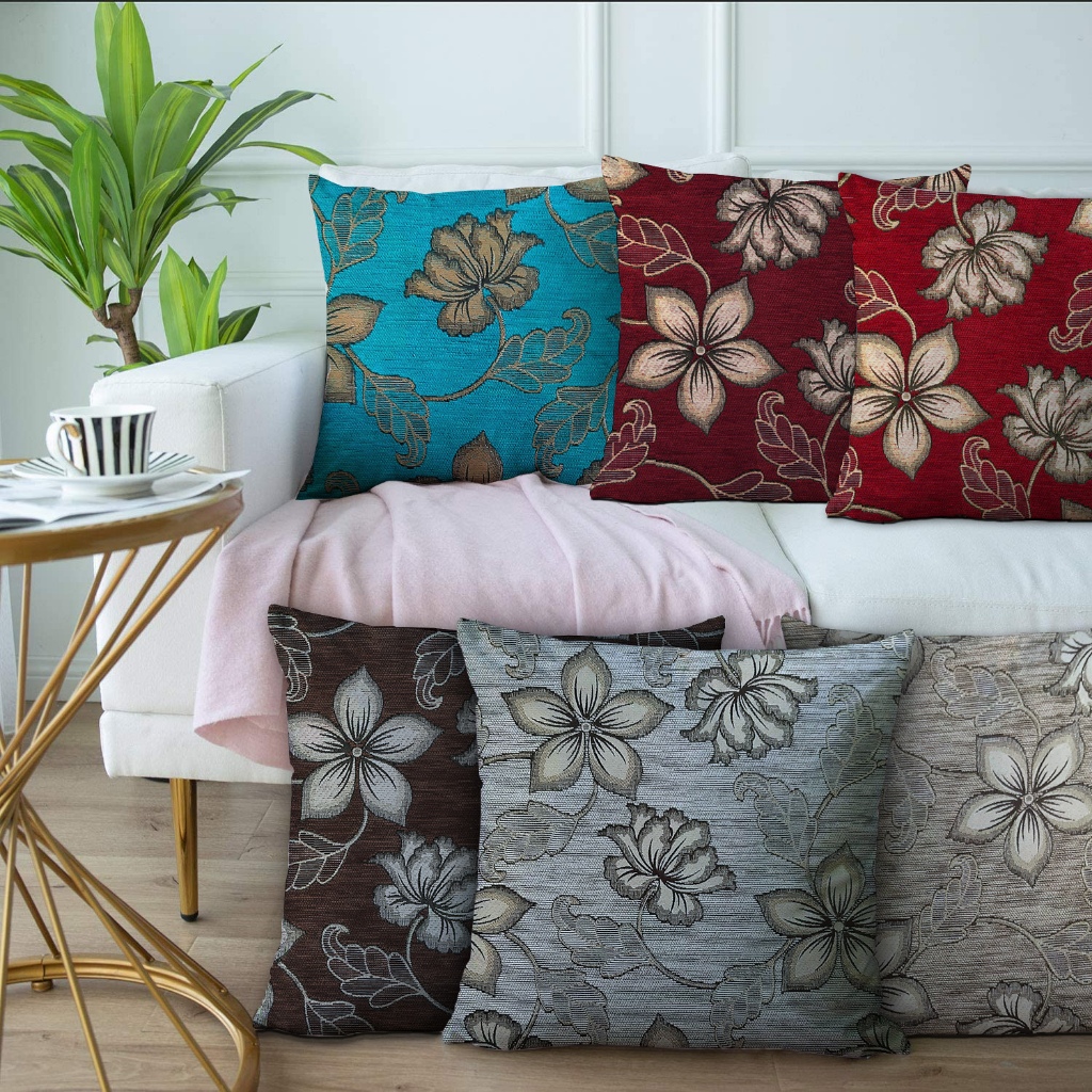 Sarung Bantal Sofa Premium Minimalis Modern Motif Daun Bunga Dekorasi Kursi Tamu Merah Abu Coklat Br