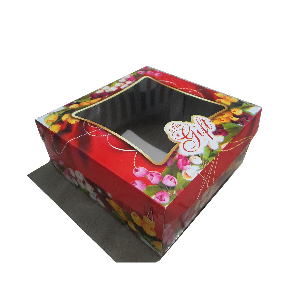 Kardus hampers warna merah motif bunga dengan jendela mika/ box hampers/box kue/dus packaging ukuran