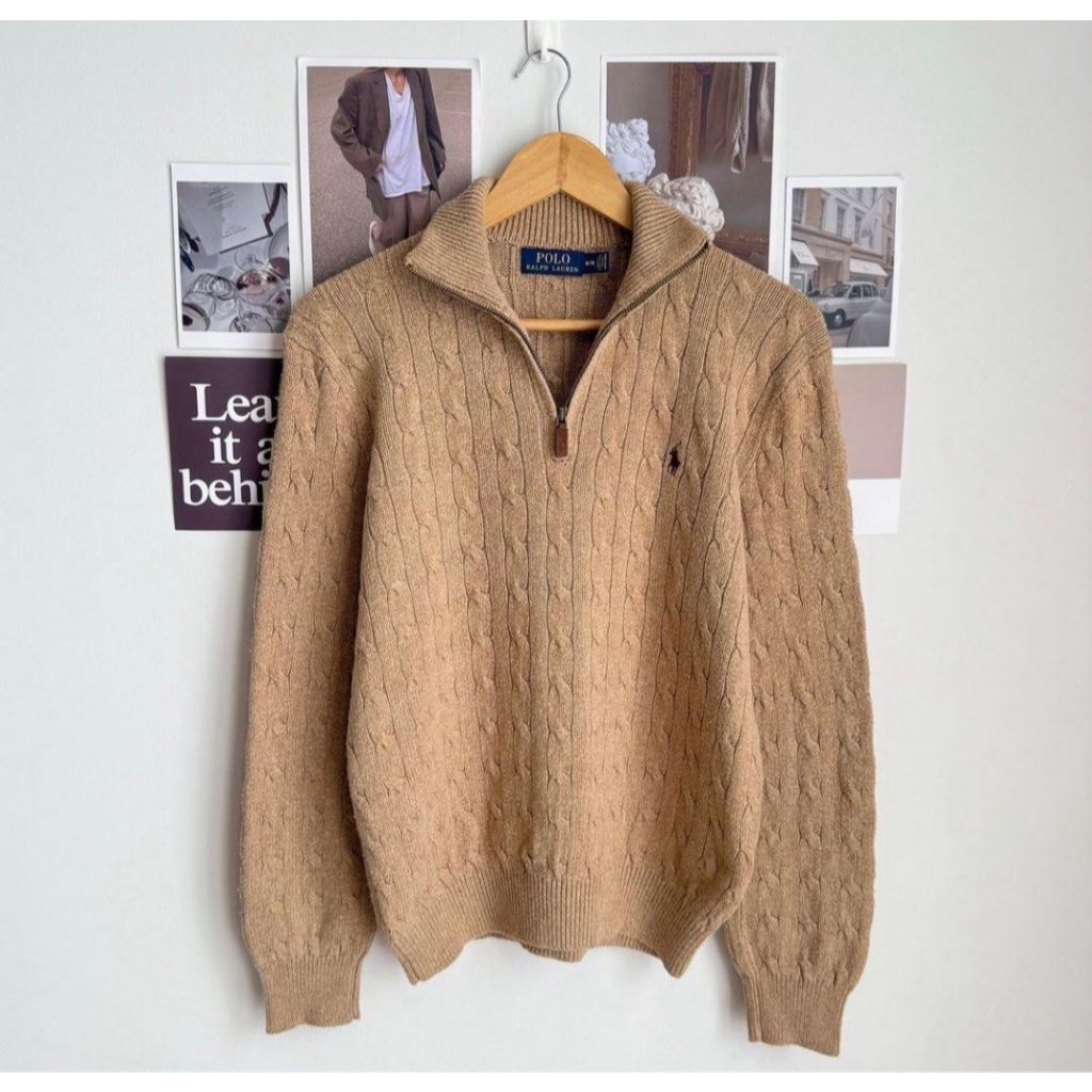 New Cable Knit Quarter Zip Sweater Brown Ralph Lauren Pria Wanita Cotton Original