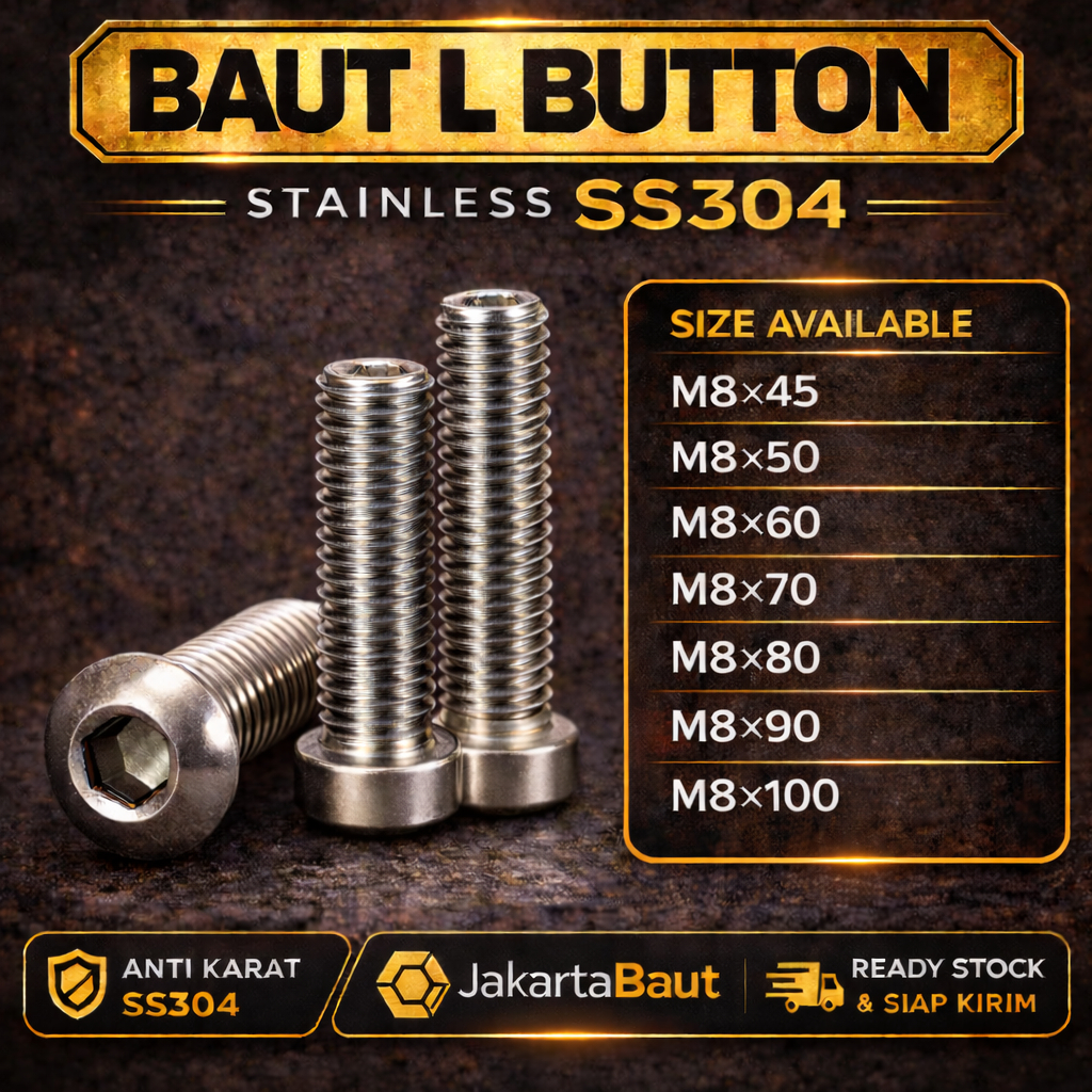 Button L M8X90 / Baut L Button 8X90 / M8 X 90 / 8 X 90 - Socket Button Screw Stainless SS304