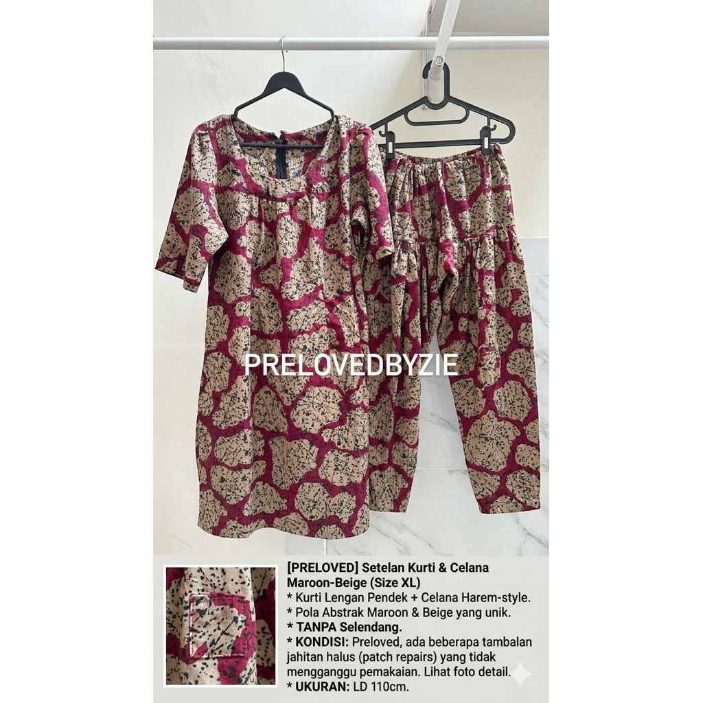 [PRELOVED] Setelan Kurti India Maroon-Beige Abstract Pattern