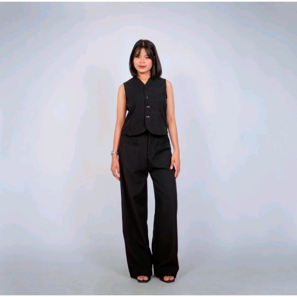Setelan Wanita Vest & Celana Panjang Hitam – Outfit Casual Elegan