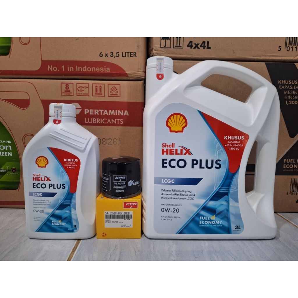 Paket Oli SHELL ECO PLUS 0W-20 4 Liter dan filter oli mobil SUZUKI Karimun, spresso, ertiga, XL7, ca