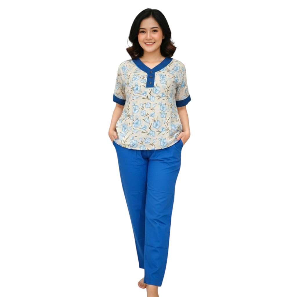 Setelan Baju Tidur Wanita Kombinasi Rayon Kancing 3 Ukuran XL Celana Panjang
