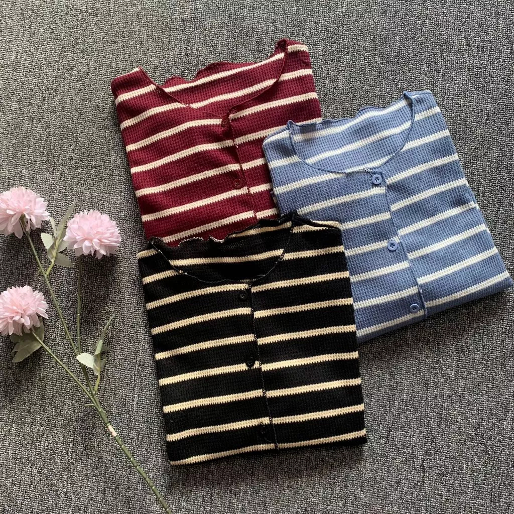 Cardigan Crop Salur Knit Waffle Korean Style /Outer Cardigan Stripe